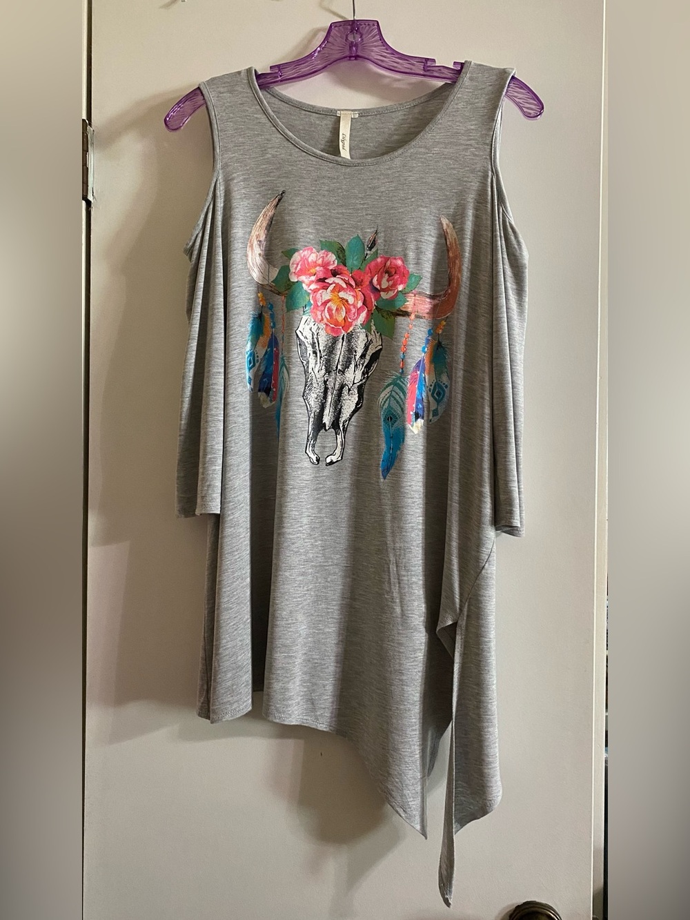 Lily Grey Cold-Shoulder Tunic with Floral Bull Skull tie on the side